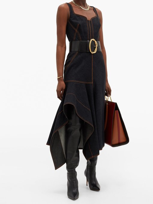 Contrast-stitch asymmetric denim dress | Alexander McQueen ...