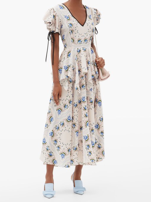 Puff-sleeve floral-print silk-blend crepe dress | Rodarte ...