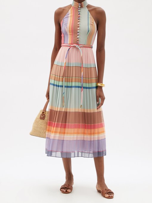 Halterneck striped pleated silk-crepe midi dress | Zimmermann ...
