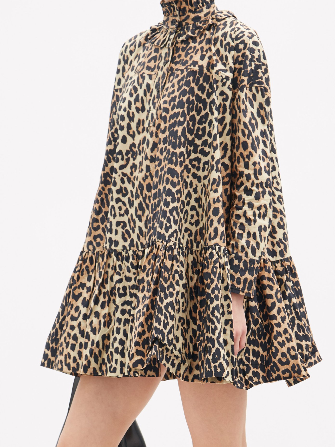 Ruffle-neck leopard-print organic-cotton dress ganni