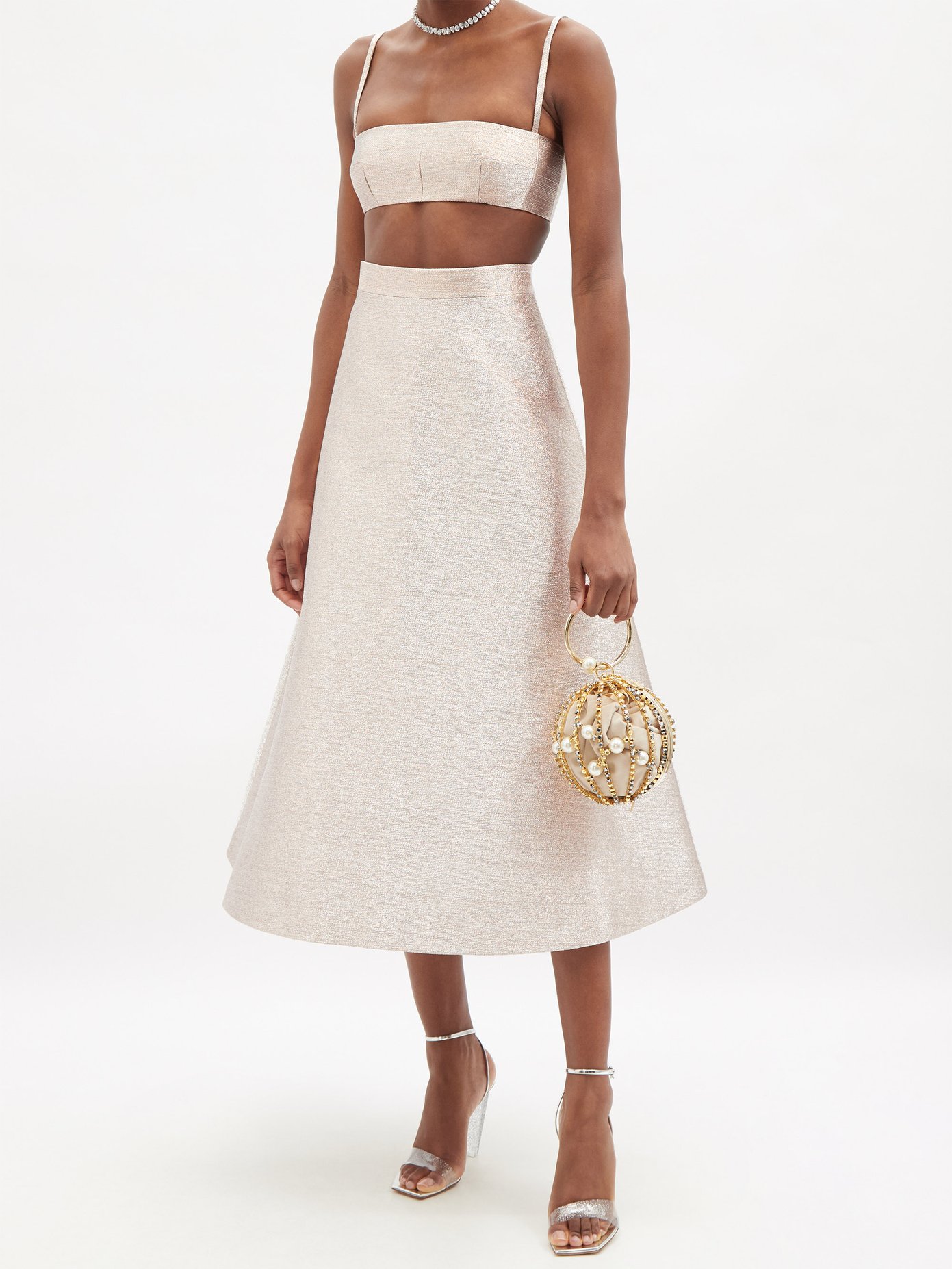 Emilia Wickstead's flattering tailoring affords this rose-gold Sage skirt a pristine impression, crafted from metallic-weave cloth to create a structured full shape.